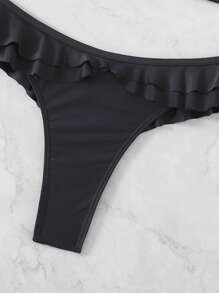 系带荷叶边丁字裤比基尼套装，适合夏季海滩度假 - 黑色 - 查看 4