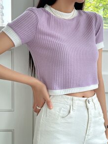 DAZY 格紋針織對比邊修剪短款t恤 - 淡紫色 - 查看 7