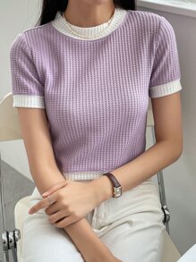 DAZY 格紋針織對比邊修剪短款t恤 - 淡紫色 - 查看 8