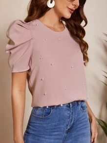 SHEIN Clasi Áo sơ mi nữ cườm đính Nút Cắt ra Ngọc trai màu trơn Thanh lịch - Bụi hồng - Xem 3