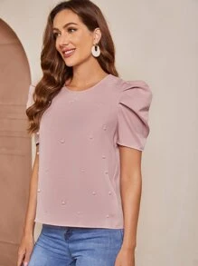 SHEIN Clasi Áo sơ mi nữ cườm đính Nút Cắt ra Ngọc trai màu trơn Thanh lịch - Bụi hồng - Xem 4