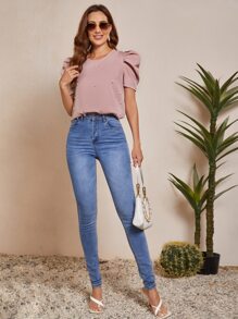 SHEIN Clasi Áo sơ mi nữ cườm đính Nút Cắt ra Ngọc trai màu trơn Thanh lịch - Bụi hồng - Xem 5