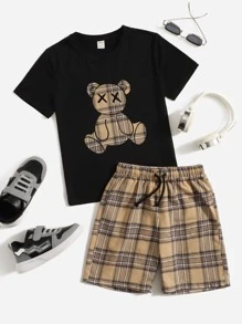 SHEIN Leap Crew Tween Boy Tartan & Bear Print Tee & Shorts Set - Multicolor - View 1