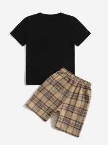 SHEIN Leap Crew Tween Boy Tartan & Bear Print Tee & Shorts Set - Multicolor - View 2