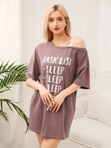 不對稱領蕾絲拼接標語圖案睡裙 - 淡紫色 - 查看 4