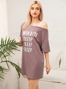 不對稱領蕾絲拼接標語圖案睡裙 - 淡紫色 - 查看 5