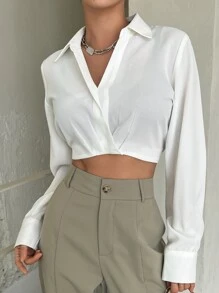 DAZY Solid Fold Pleated Crop Blouse,Long Sleeve Tops - White - View 1