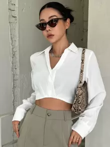 DAZY Solid Fold Pleated Crop Blouse,Long Sleeve Tops - White - View 2