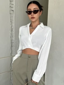 DAZY Solid Fold Pleated Crop Blouse,Long Sleeve Tops - White - View 4