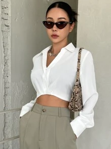 DAZY Solid Fold Pleated Crop Blouse,Long Sleeve Tops - White - View 9