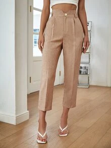 Sollinarry 高腰拼接細節定制西褲 - 卡其色 - 查看 5