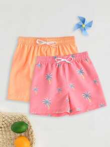 Tween Boy 2pcs Tropical Print Drawstring Swim Shorts - Multicolor - View 1