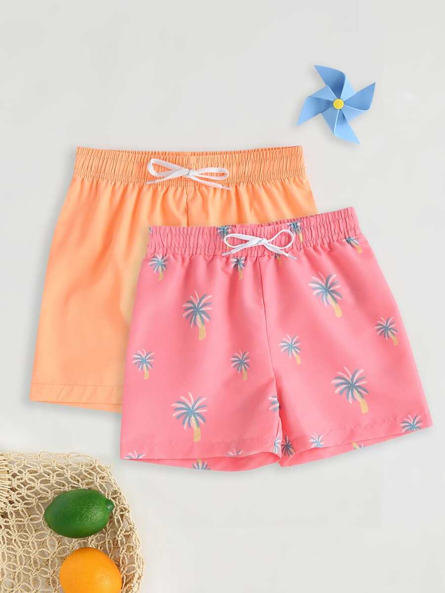 Tween Boy 2pcs Tropical Print Drawstring Swim Shorts - Multicolor - View 1