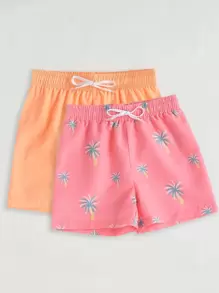 Tween Boy 2pcs Tropical Print Drawstring Swim Shorts - Multicolor - View 3