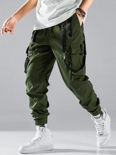 Men Contrast Tape Flap Pocket Drawstring Waist Cargo Pants