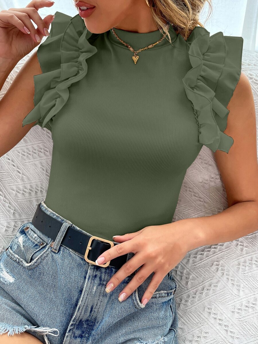 Chiquease Mock Neck Ruffle Trim Tee - Army Green - View 1