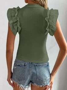 Chiquease Mock Neck Ruffle Trim Tee - Army Green - View 2
