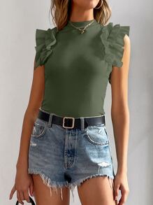 Chiquease Mock Neck Ruffle Trim Tee - Army Green - View 4