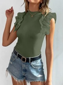 Chiquease Mock Neck Ruffle Trim Tee - Army Green - View 5