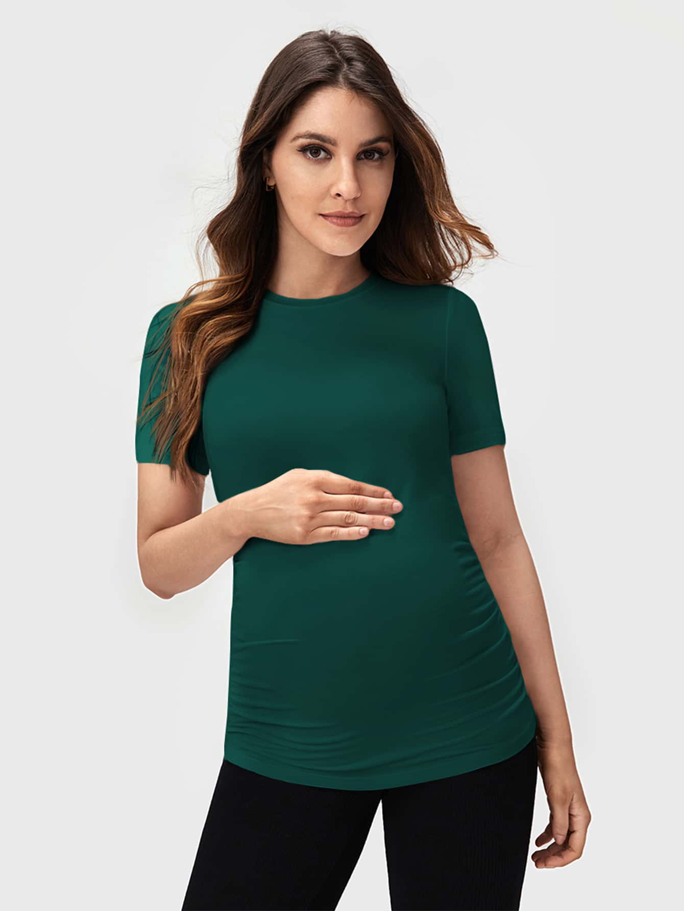 SHEIN 孕婦素色褶邊T恤 - 墨綠色 - 查看 1