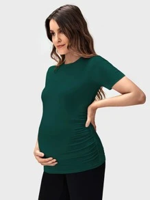 SHEIN 孕婦素色褶邊T恤 - 墨綠色 - 查看 4