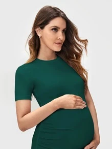SHEIN 孕婦素色褶邊T恤 - 墨綠色 - 查看 5