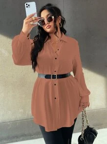 Calvaya Hơn Áo sơ mi Tay áo Đèn lồng Không có thắt lưng - Rỉ Nâu - Xem 3