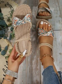 Women Ditsy Floral Graphic Twist Decor Slide Sandals, Vacation Summer Flat Sandals - Orange - View 1