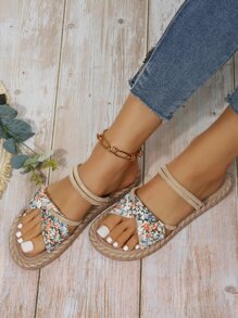 Women Ditsy Floral Graphic Twist Decor Slide Sandals, Vacation Summer Flat Sandals - Orange - View 2