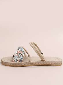 Women Ditsy Floral Graphic Twist Decor Slide Sandals, Vacation Summer Flat Sandals - Orange - View 3