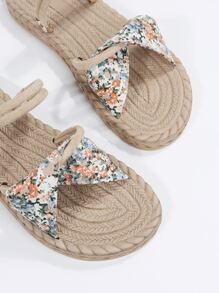 Women Ditsy Floral Graphic Twist Decor Slide Sandals, Vacation Summer Flat Sandals - Orange - View 6