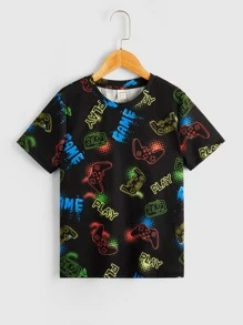 SHEIN 青少年男孩反光字母和遊戲手柄印花t恤 - 彩色 - 查看 3