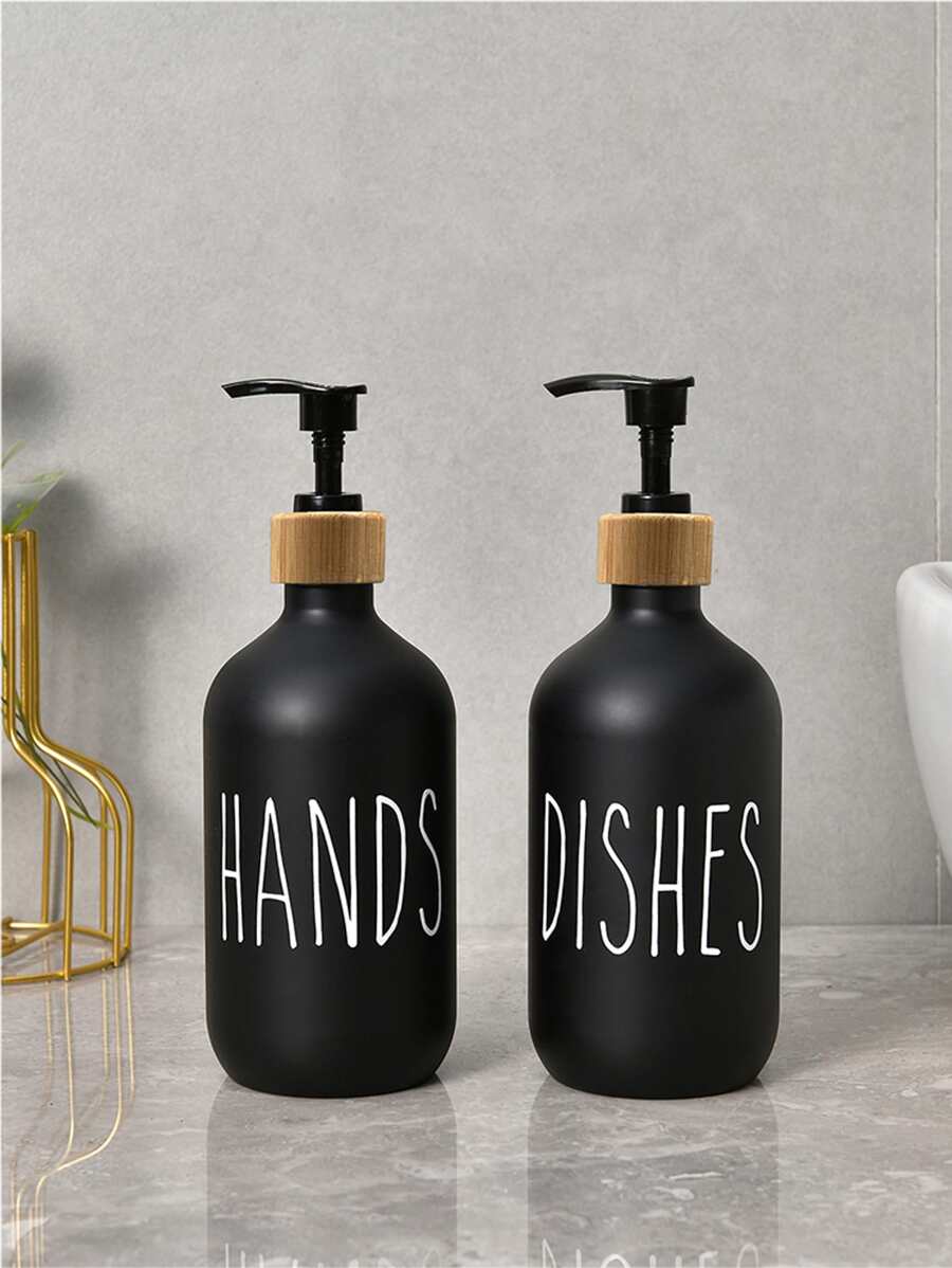 2 件字母图案乳液分配器，黑色洗涤剂分装瓶空瓶，浴室替换瓶，家居浴室装饰夏季 - 黑色 - 查看 1
