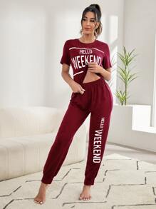 Slogan Graphic Lounge Tee & Joggers - Maroon - View 3