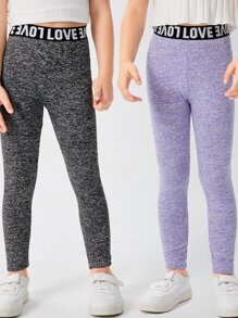 SHEIN 小女童2入組腰部字母圖案段染緊身打底褲 - 彩色 - 查看 1