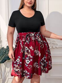 SHEIN LUNE Đầm Plus Size Thắt lưng Khối Màu Hoa Giải trí - Nhiều màu - Xem 1