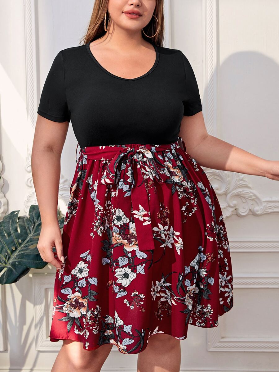 SHEIN LUNE Đầm Plus Size Thắt lưng Khối Màu Hoa Giải trí - Nhiều màu - Xem 1
