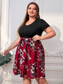 SHEIN LUNE Đầm Plus Size Thắt lưng Khối Màu Hoa Giải trí - Nhiều màu - Xem 4