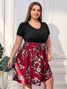 SHEIN LUNE Đầm Plus Size Thắt lưng Khối Màu Hoa Giải trí - Nhiều màu - Xem 5