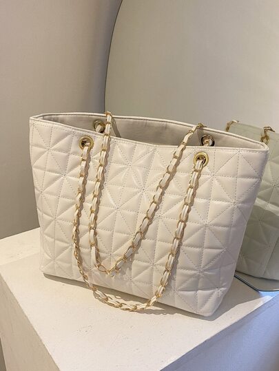 A Beige PU Fashionable Minimalist Style Large Capacity Diamond Grid Quilted Metal Chain Zipper Shoulder Tote Bag Suitable For Women's Daily Commuting, Travel, Vacation, Gatherings, Girlfriends' Dinners, Girlfriends' Birthday Gifts, Girlfriends' Valentine's Day Gifts, Women's Work Bags