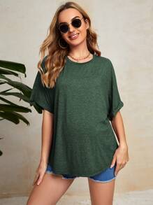 SHEIN Maternity Cuffed Sleeve Solid Tee - Dark Green - View 1