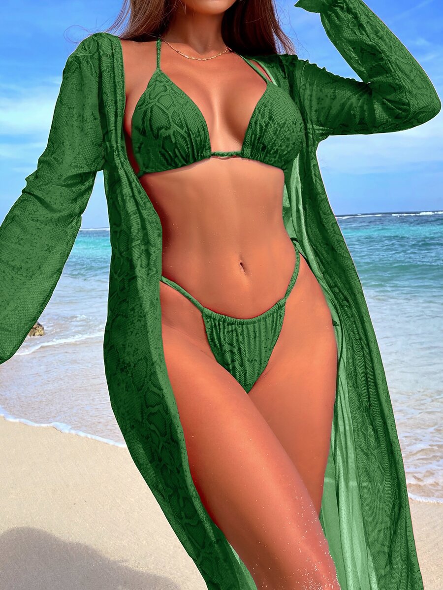 蛇紋比基尼套裝吊脖三角形文胸和丁字褲下裝和罩衫3入組泳衣 - 綠色 - 查看 1
