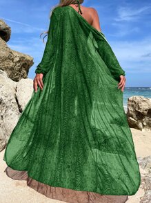 蛇紋比基尼套裝吊脖三角形文胸和丁字褲下裝和罩衫3入組泳衣 - 綠色 - 查看 3