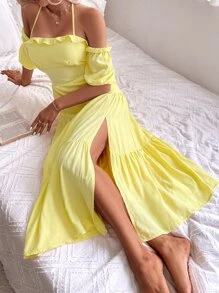 SHEIN Unity Đầm Tách cao màu trơn Boho - Màu vàng - Xem 3