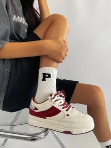 Colorblock Lace-up Front Perforated Detail Skate Shoes - Beige - View 2