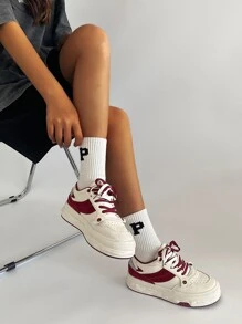 Colorblock Lace-up Front Perforated Detail Skate Shoes - Beige - View 3