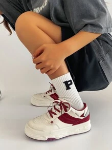 Colorblock Lace-up Front Perforated Detail Skate Shoes - Beige - View 5