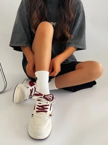 Colorblock Lace-up Front Perforated Detail Skate Shoes - Beige - View 6