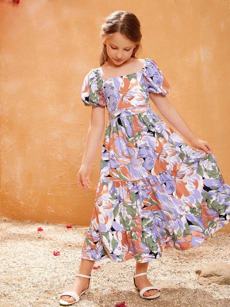 SHEIN Niñas Vestido abstracto con estampado floral de cuello cuadrado de manga farol bajo con fruncido - Multicolor - Ver 1