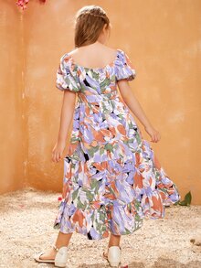 SHEIN Niñas Vestido abstracto con estampado floral de cuello cuadrado de manga farol bajo con fruncido - Multicolor - Ver 2